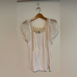 Language Cream Lace-Trim Short Sleeve Blouse